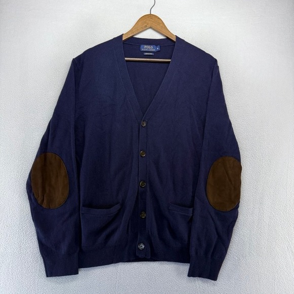 Polo Ralph Lauren Other - Ralph Lauren Cardigan Sweater Mens XL Navy Blue Elbow Patch Merino Wool V-Neck